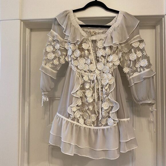 For Love and Lemons Carolina White Lace Long Sleeve Floral Mini Dress - Picture 6 of 11